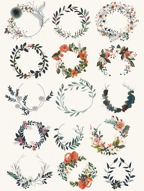 A collection of 15 watercolor floral wreaths perfect for wedding invitations and festive occasions Generative AI