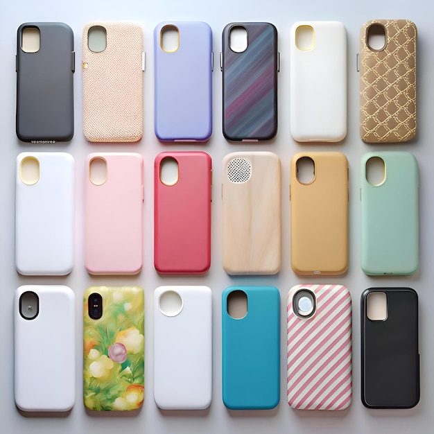 A collection of 16 unique phone cases showcasing a variety of colors patterns and textures