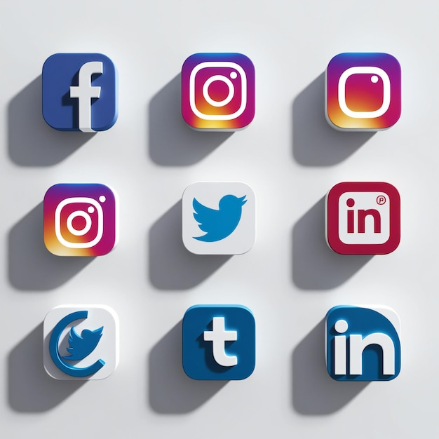 Collection of 3D Social Media Icons with Realistic Shadows