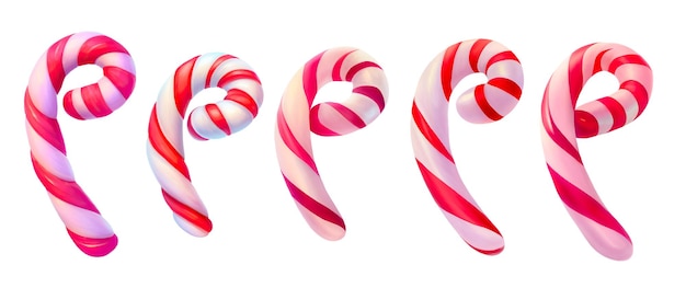 Collection of 5 candy canes isolated on white background Digital illustration