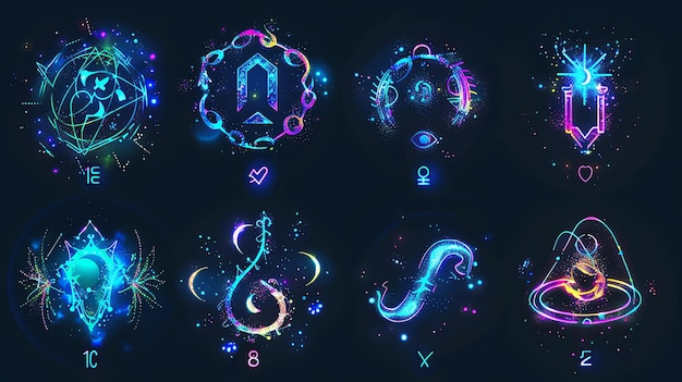 Photo a collection of 8 neon glowing abstract symbols on a dark background