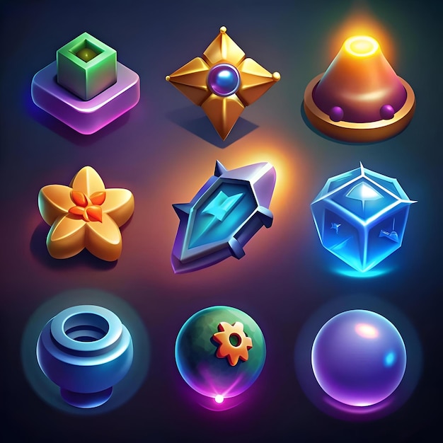 A collection of 8 vibrant 3D icons perfect for game design UI elements and app development