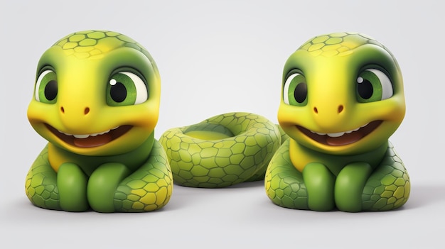 Photo collection of adorable smiling cartoon snakes in 3d white background png format