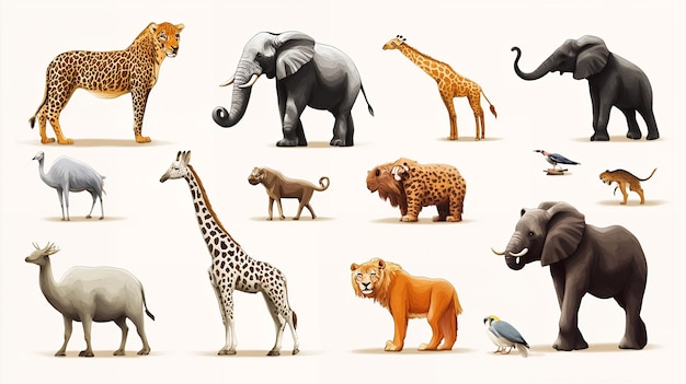 Photo a collection of african animals including a giraffe lion elephant leopard ostrich and a hyena