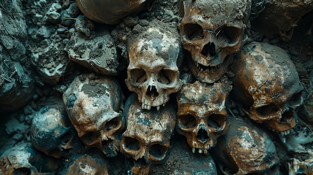 Photo collection of ancient skulls uncovered in an archaeological excavation site