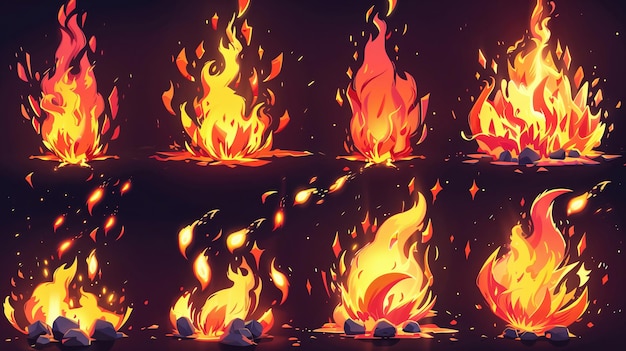 Photo collection of animated fire illustrations with various flames and embers