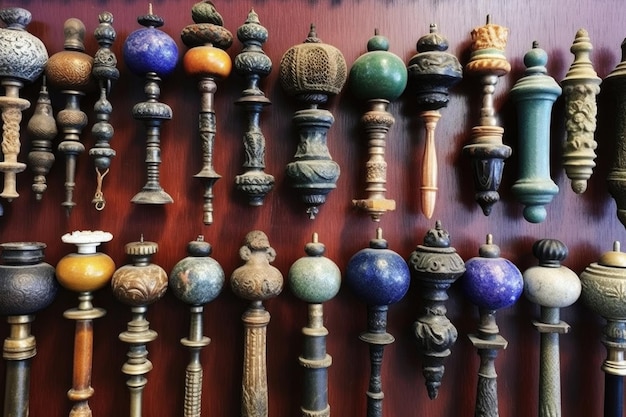 Collection of antique door knobs on display created with generative ai