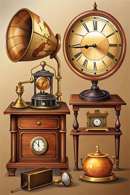 Photo collection of antique items including clock globe watch old letter telephone gramophone