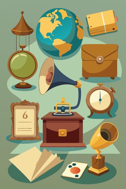 Photo a collection of antique items including a clock globe watch old letter telephone gramophone