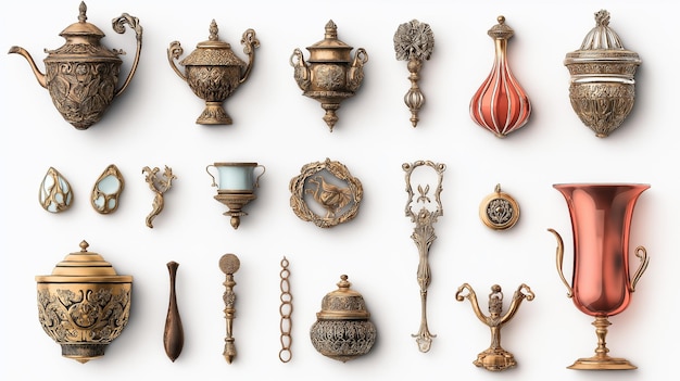 Photo collection of antique teapots and vessels displayed against a white background highlighting intricat