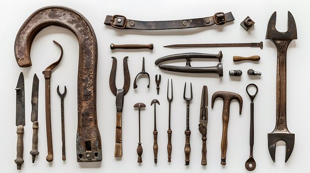 Photo collection of antique tools and implements arranged on a white background