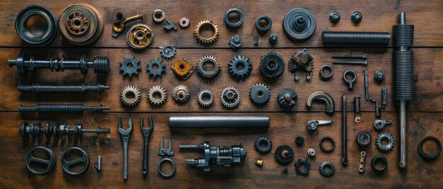 Collection of Assorted Mechanical Parts on Wooden Surface