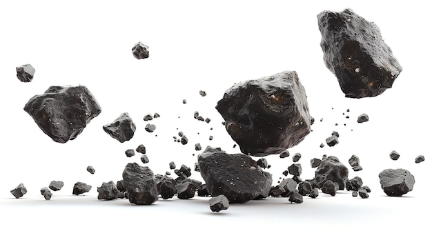 A collection of asteroids falling on a white background