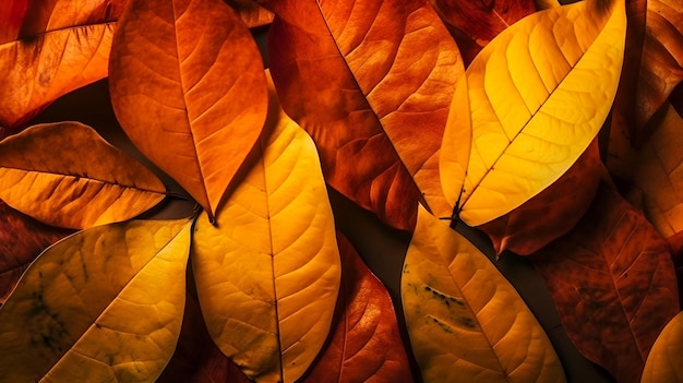 A collection of autumn leaves are shown on a table.