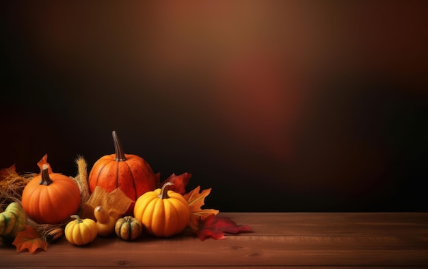 A collection of autumn leaves and pumpkins on a wooden table