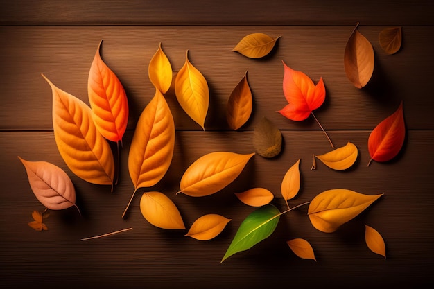 A collection of autumn leaves on a wooden surface