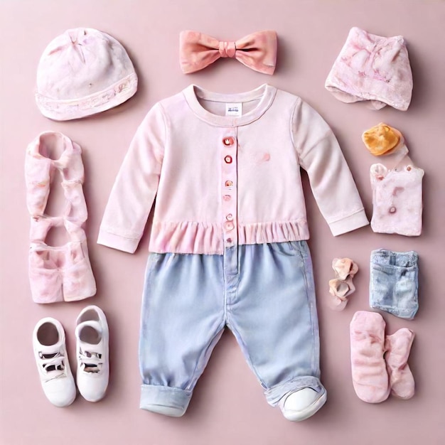 a collection of baby clothes including a hat a pink bow tie and a hat