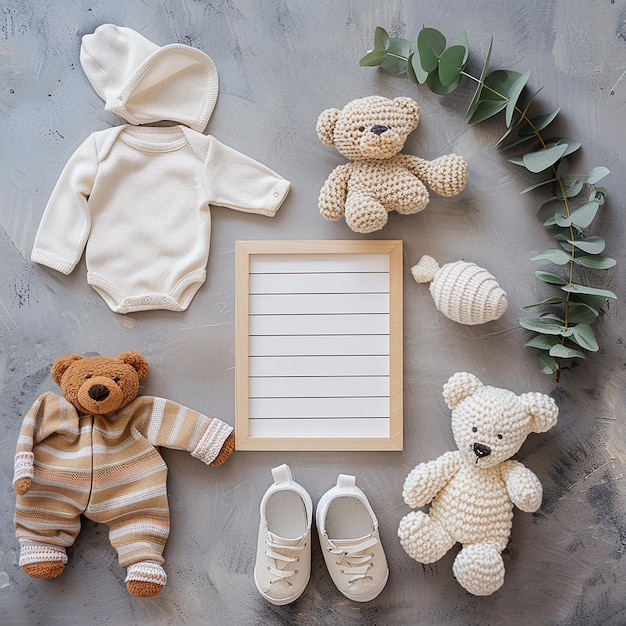 Photo a collection of baby clothes and a teddy bear with frame