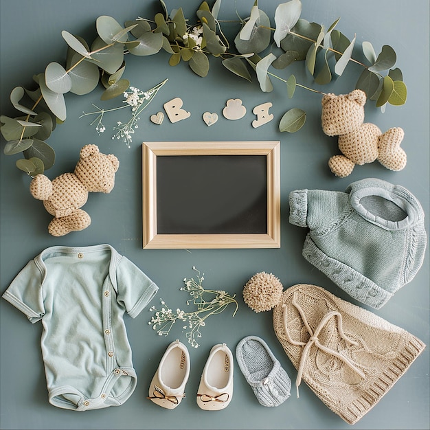 Photo a collection of baby clothes and a teddy bear with frame