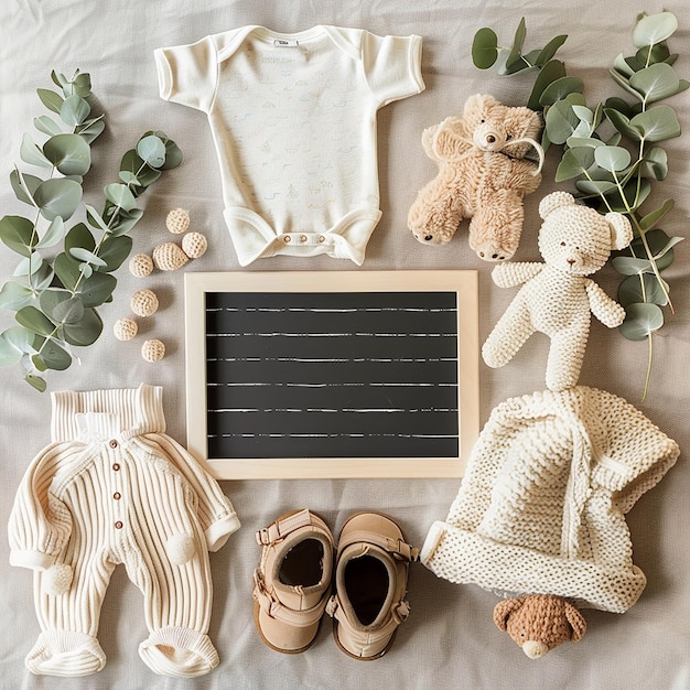 Photo a collection of baby clothes and a teddy bear with frame