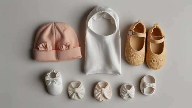 a collection of baby shoes and a hat with a white shirt on the front