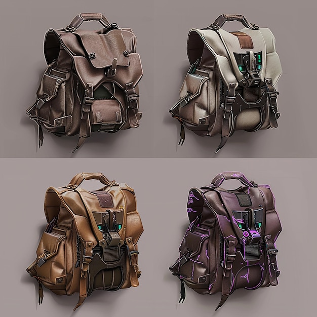 a collection of backpacks with a purple ribbon and a purple ribbon