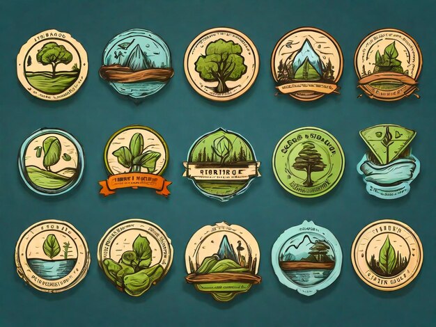 a collection of badges including a mountain range