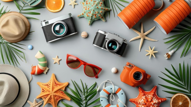 A collection of beach and vacationrelated items including hats cameras sun glasses and oranges