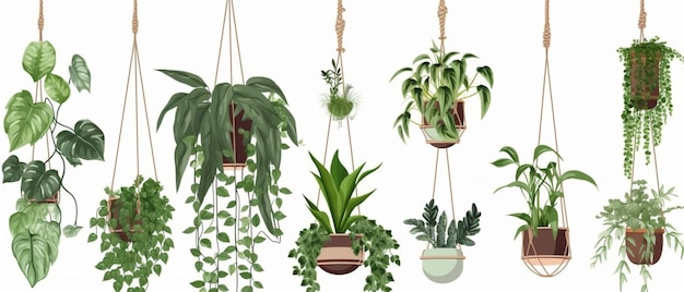 Collection of beautiful plants hanging in various pots isolated on transparent background copy space