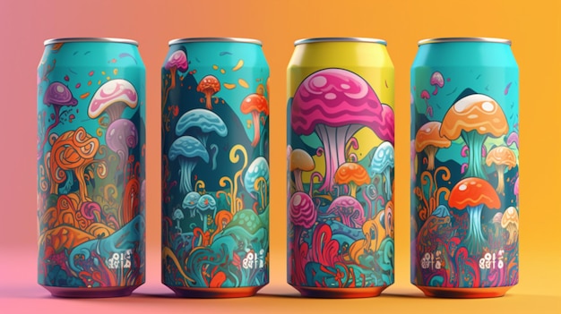 A collection of beer cans with different colors and the words mushroom on them.