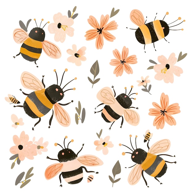 a collection of bees and flowers including bees and flowers