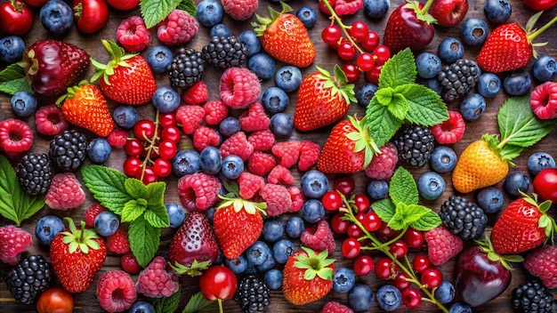 a collection of berries and blueberries on a wooden background