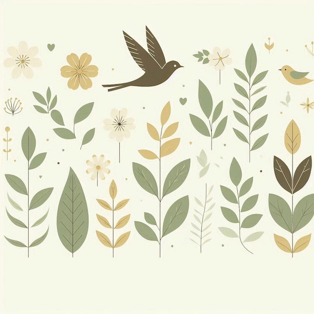 a collection of birds and flowers with a bird flying in the sky