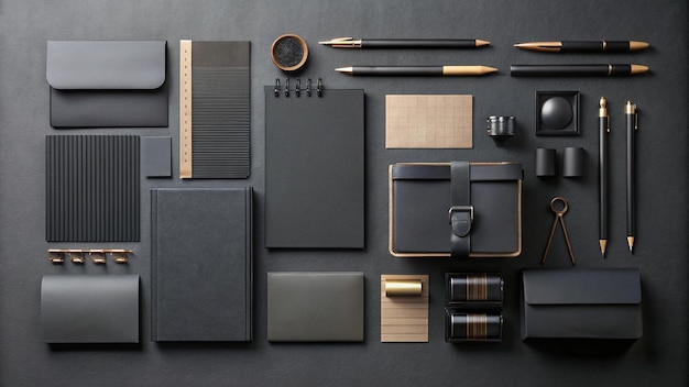 a collection of black and brown accessories including a black box with a gold design