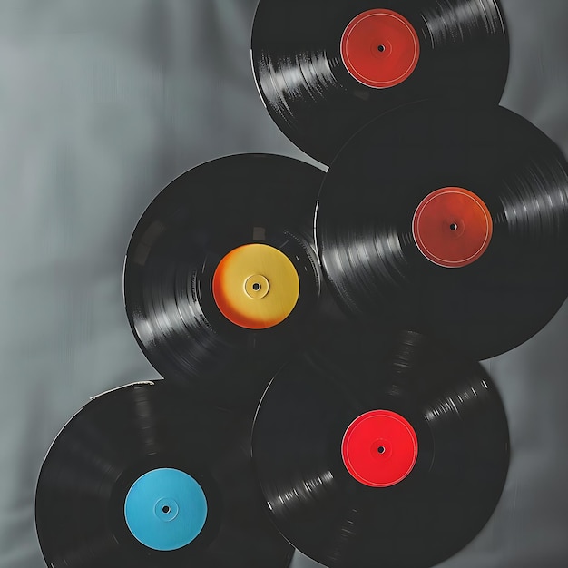 A collection of black and colorful vinyl records on a yellow and blue background