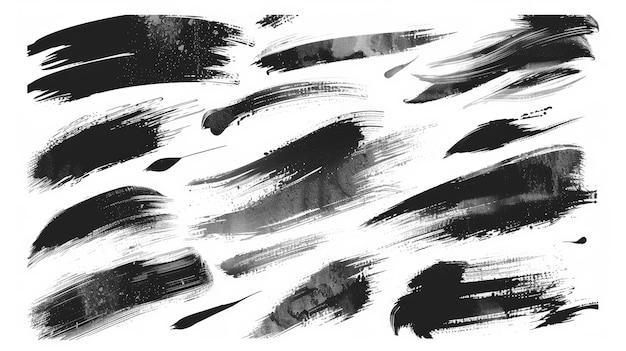 Photo collection of black paint brush strokes in various shapes and textures on a white background