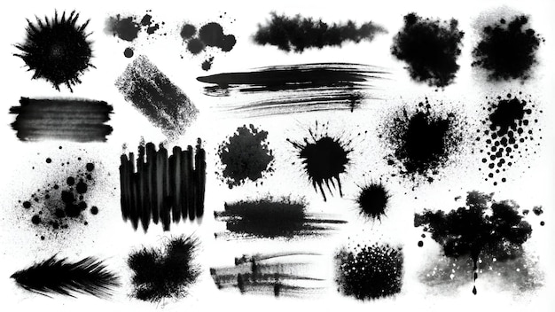 Collection of black paint Spray paint elements brush stroke black splashes set Sketch grunge cha