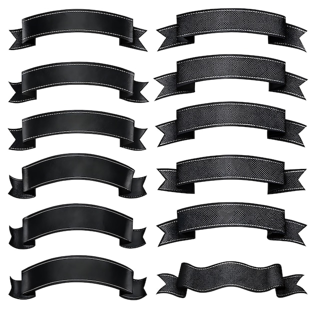 a collection of black ribbons with a white background