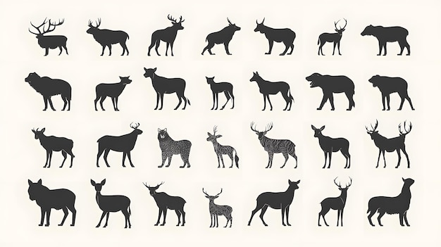 A Collection of Black Silhouettes of Various Deer and Antelope Species