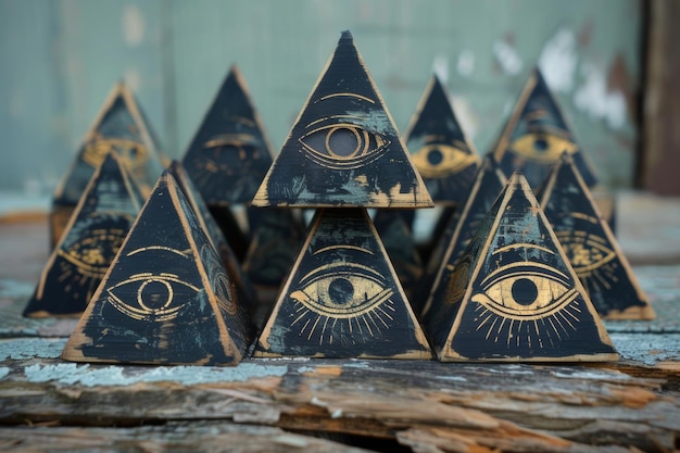 Photo a collection of black triangular prisms with golden eye symbols arranged on weathered wood against a misty background