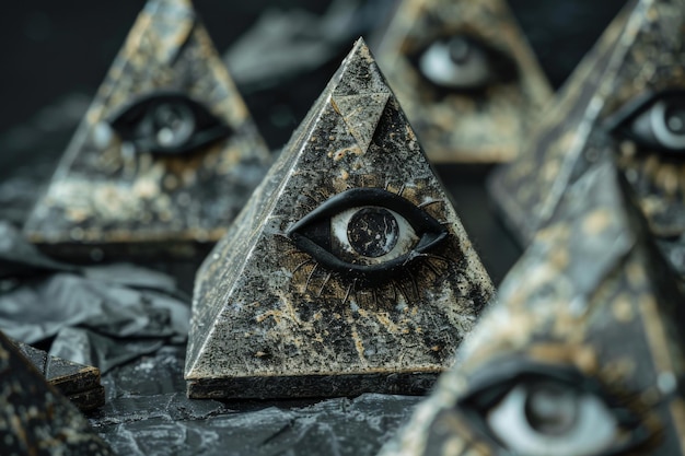 Photo a collection of black triangular prisms with golden eye symbols arranged on weathered wood against a misty background