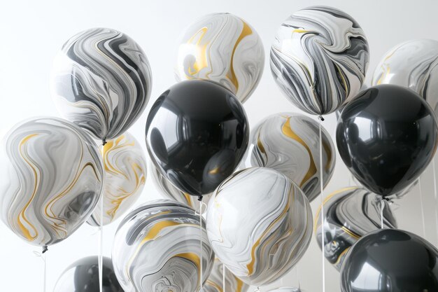 Photo a collection of black and white balloons arranged neatly on a stand creating an eyecatching display marble patterned balloons for a modern adult birthday party ai generated