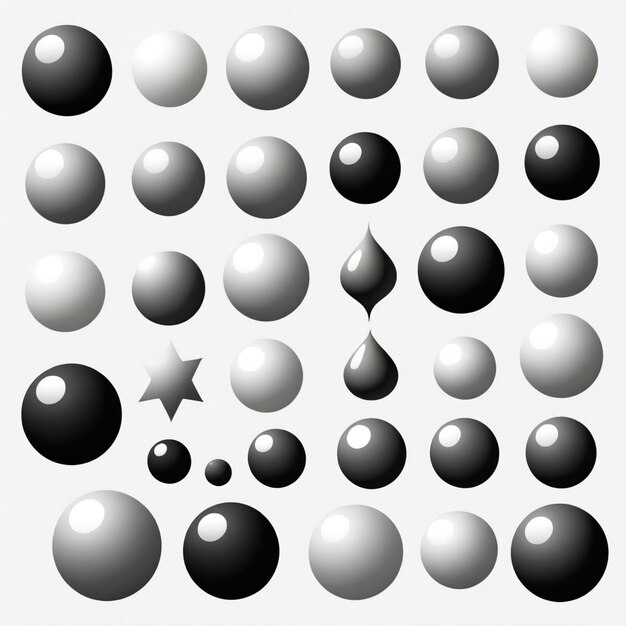 a collection of black and white balls with a star on the top