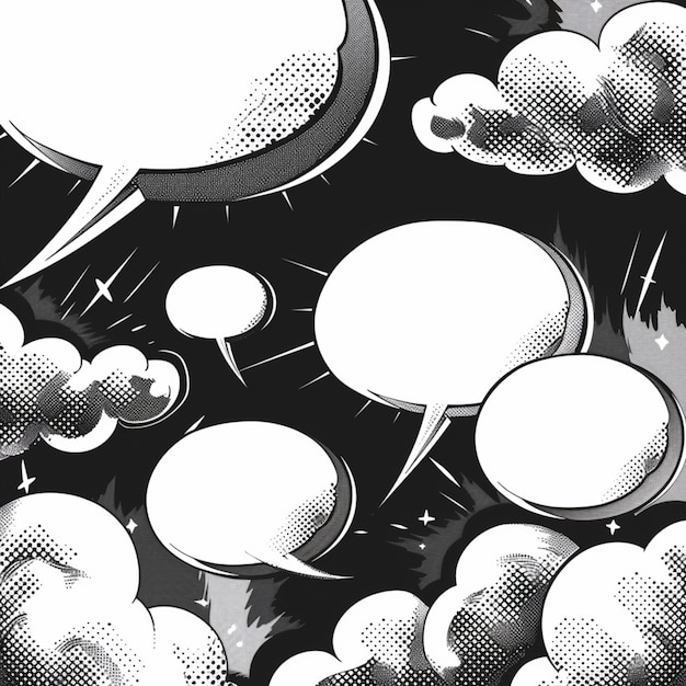 Collection of black and white comic book style speech bubbles and explosion shapes with halftone sha