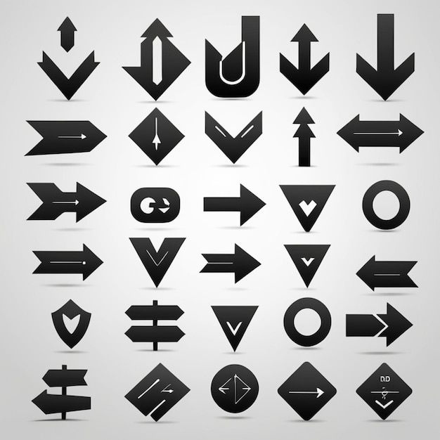 a collection of black and white signs with arrows pointing to the right