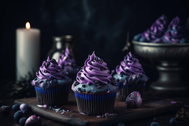 A collection of blue cupcakes with purple frosting on a wooden board.