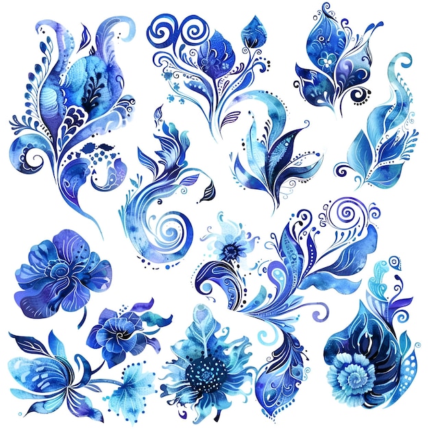 a collection of blue flowers and leaves and flowers