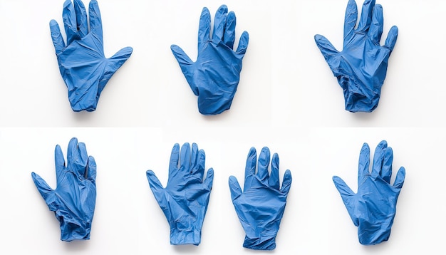 a collection of blue gloves with a white background