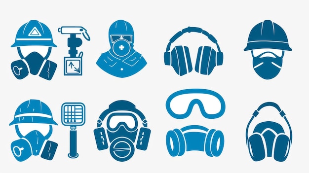 A collection of blue industrial safety equipment icons depicting personal protective gear