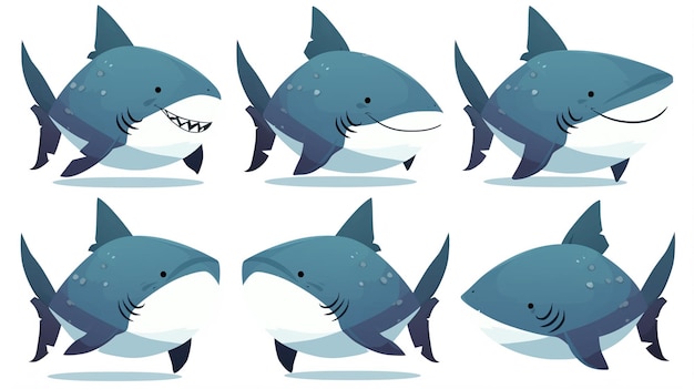 a collection of blue shark faces with a shark in the middle